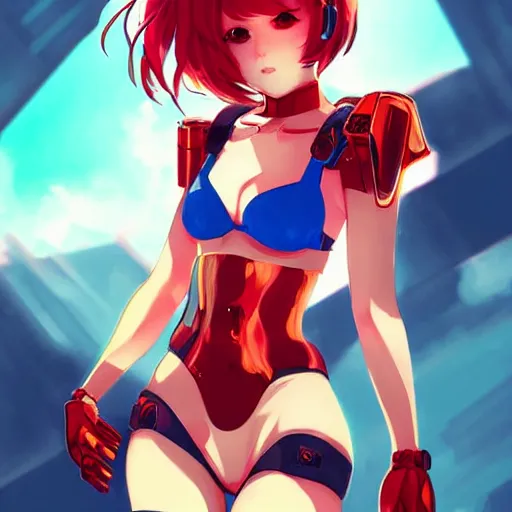 Image similar to digital anime art. cute girl. red mech arms and red mech legs. blue eyes!!!. gold short hair!!!. red bikini. full body!!!. wlop, rossdraws