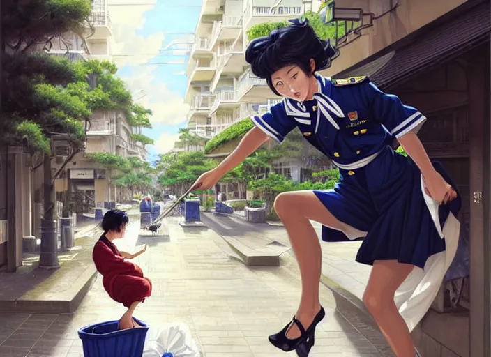 Image similar to portrait of an Italian Japanese Hapa young woman school with short hair wearing a navy and white sepuku uniform and jumping outside a green trashbin in Kalakaua avenue in Waikiki, intricate, elegant, highly detailed, centered, digital painting, artstation, concept art, smooth, sharp focus, illustration, by Peter Mohrbacher, WLOP