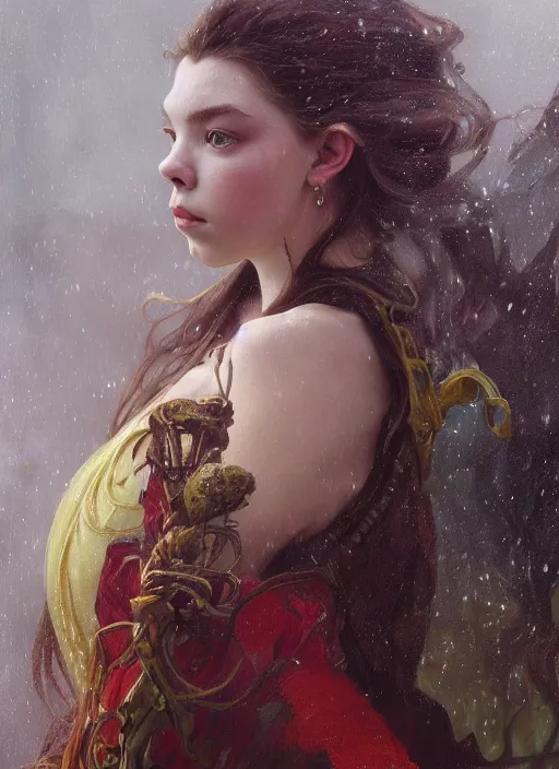 Image similar to a realistic detail portrait of a beautiful queen look like Anya taylor-joy in middle earth, raining, thunder, magic, dragon, oil painting by Alphonse mucha, Julian calle, wlop, greg rutkowski, Finnian MacManus, Syd mead Trending on artstation, red and yellow scheme, 8k, Unreal Engine