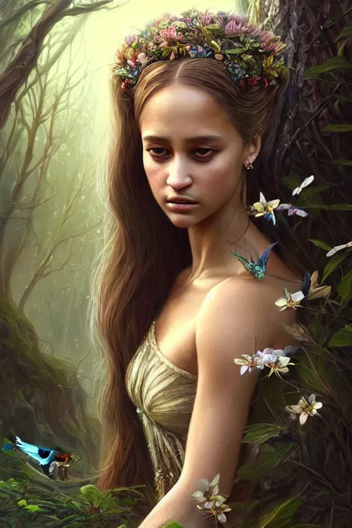 Image similar to hyper - realistic, gorgeous!!! woman resembling alicia vikander as a fairy princess in the woods, elegant, cute, divine aura, nature goddess, dungeons and dragons, intricate, highly detailed, artstation, digital painting, character design, concept art, illustration, sharp focus, art by artgerm & jeehyung lee & wlop