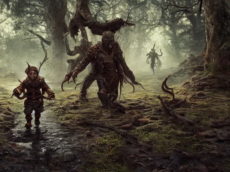 Image similar to Scaredy Cat Dwarf Ranger trips while running through Haunted Swamp, RPG Scene, Oil Painting, Trending on Artstation, octane render, Insanely Detailed, 8k, HD