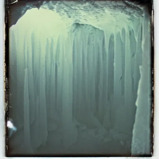 Prompt: a dark glacier cave wit a low ceiling, icicles, deep, dark, creepy, eerie, unsettling, terrifying, old polaroid, expired film, deep,