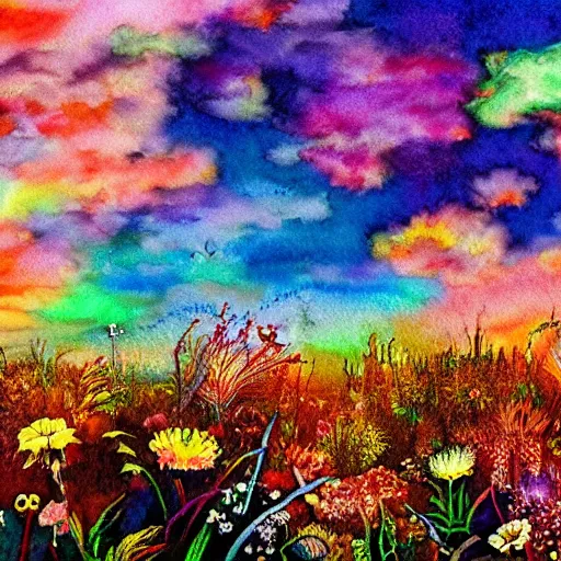 Prompt: spirits over the horizon, spiritual, watercolor, warm color palette, colorful, vapor, mist, flowers, floral, diffraction grading, de - noise, by akihito yoshida, by weta fx, by yaoy kusama, by yoshitaka amano