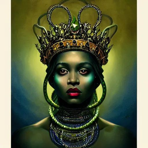 Image similar to portrait of a queen with a crown of snakes, desi dark skin, kneeling, dramatic lighting, blue and green, by Anato Finnstark, Tom Bagshaw, Brom