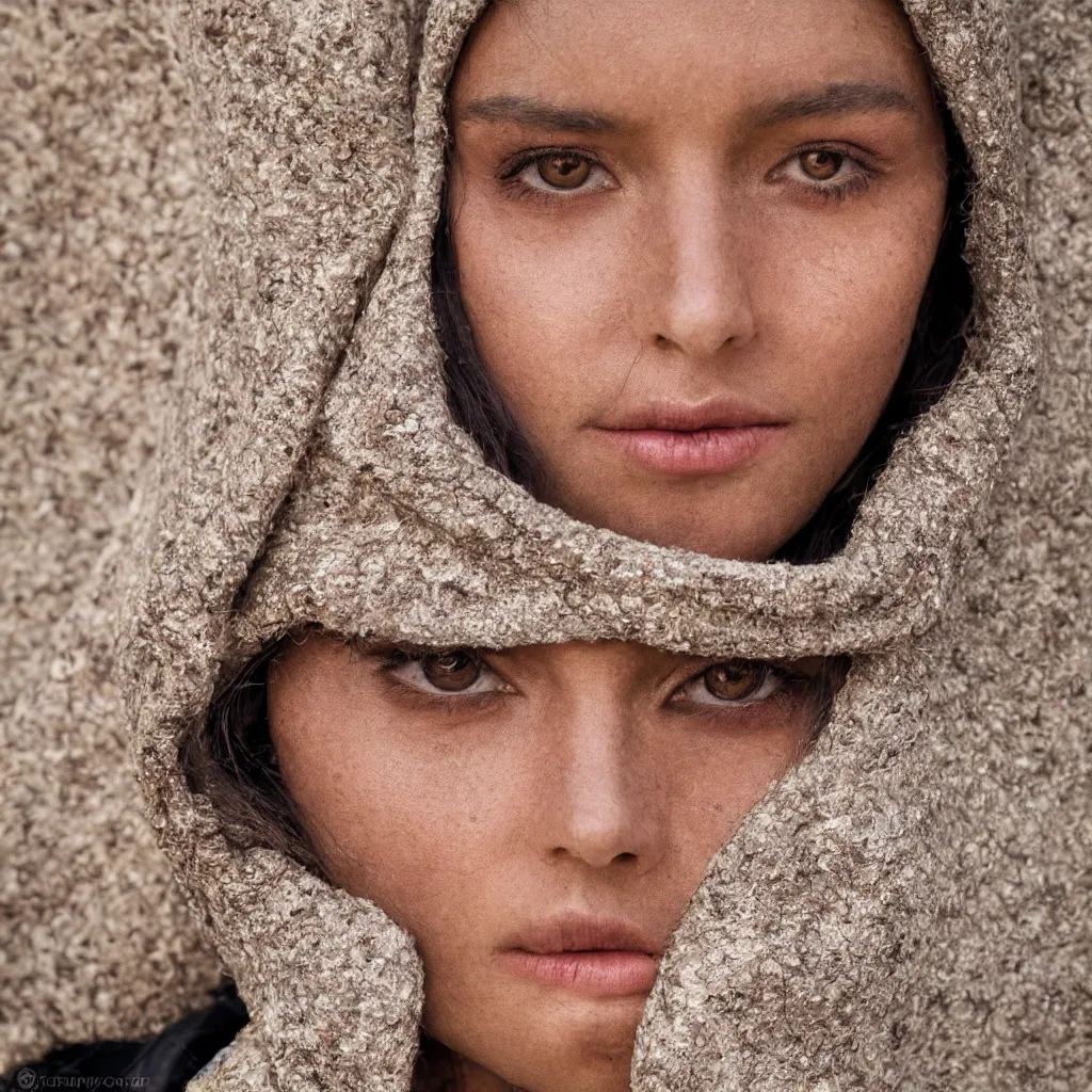 Image similar to highly detailed portrait fashion photography of a stern face gazing at the camera, wearing a velvet face cover, in autumn, 105mm f2.8 at the Giza Pyramid