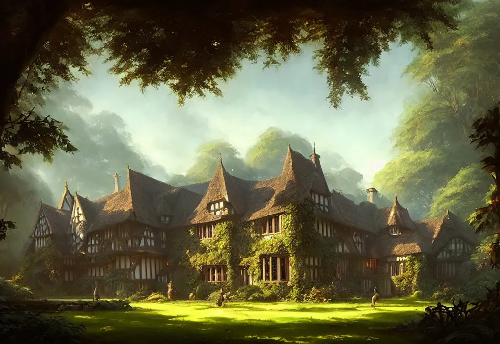 Image similar to a tudor manor house surrounded by jungle, clear blue sky, cinematic view, concept art, high detail, well lit, volumetric, godrays, vivid, trending on artstation, by jordan grimmer, art greg rutkowski