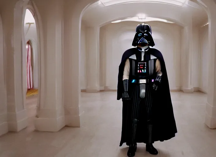 Image similar to a film still of cosplay of darth vader in the grand budapest hotel ( 2 0 1 4 )