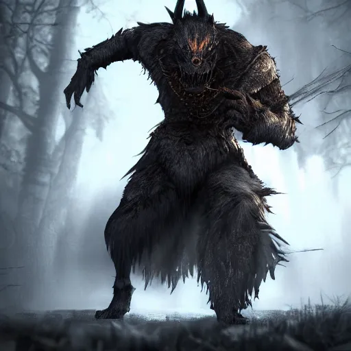 Image similar to a digital art of realistic portrait of werewolf from dark souls, scary grim dark werewolf, fantasy concept art character sheet, 4 k, ultra detail, volumetric lighting, unreal engine, octane render