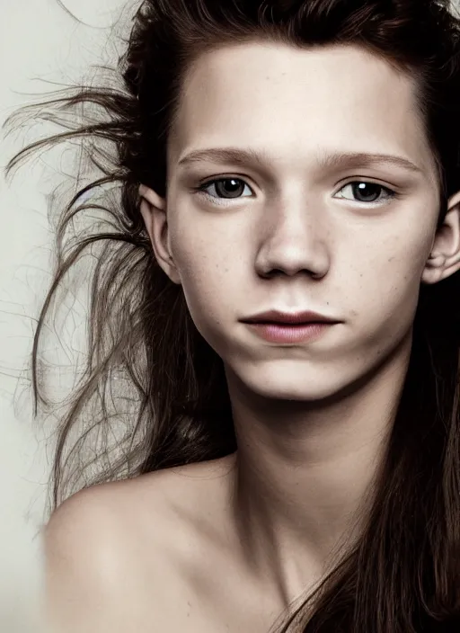 Image similar to portrait of beautiful female tom holland by mario testino, headshot, detailed, award winning, sony a 7 r