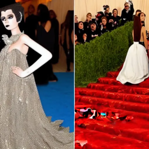 Image similar to A anthro metal fork at the Met Gala, female with a fork for a head