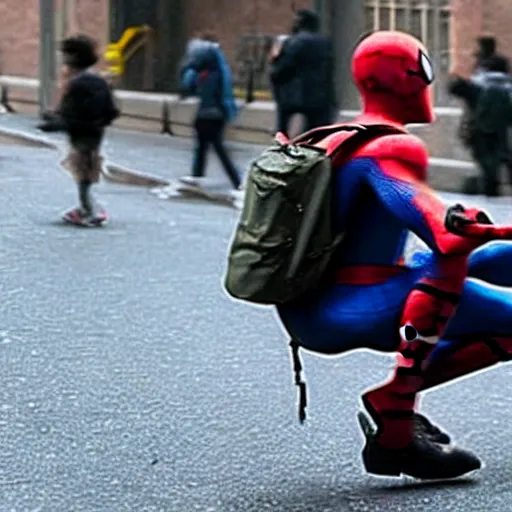 Image similar to film of spiderman with a backpack on his way to school on the streets of new york, lonely atmosphere, director by christopher nolan