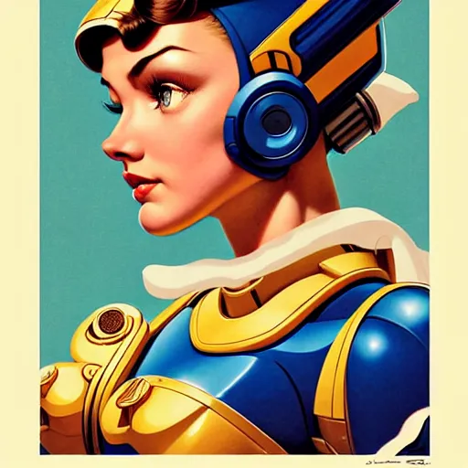 Image similar to head and shoulders portrait of a female Megaman, illustration, medium shot, intricate, elegant, highly detailed, digital art, ffffound, art by gil elvgren and JC Leyendecker and sachin teng