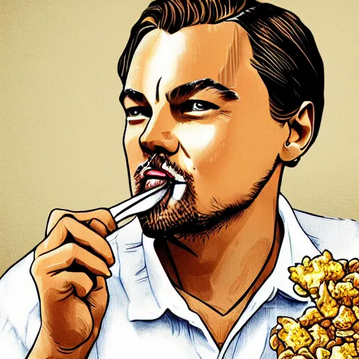 Image similar to a detailed portrait of leonardo dicaprio eating cereal with a fork, art illustration, incredibly highly detailed and realistic, 8 k, sharp focus