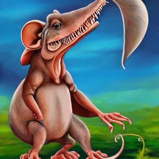 Image similar to dino mouse, epic pose, fine painting