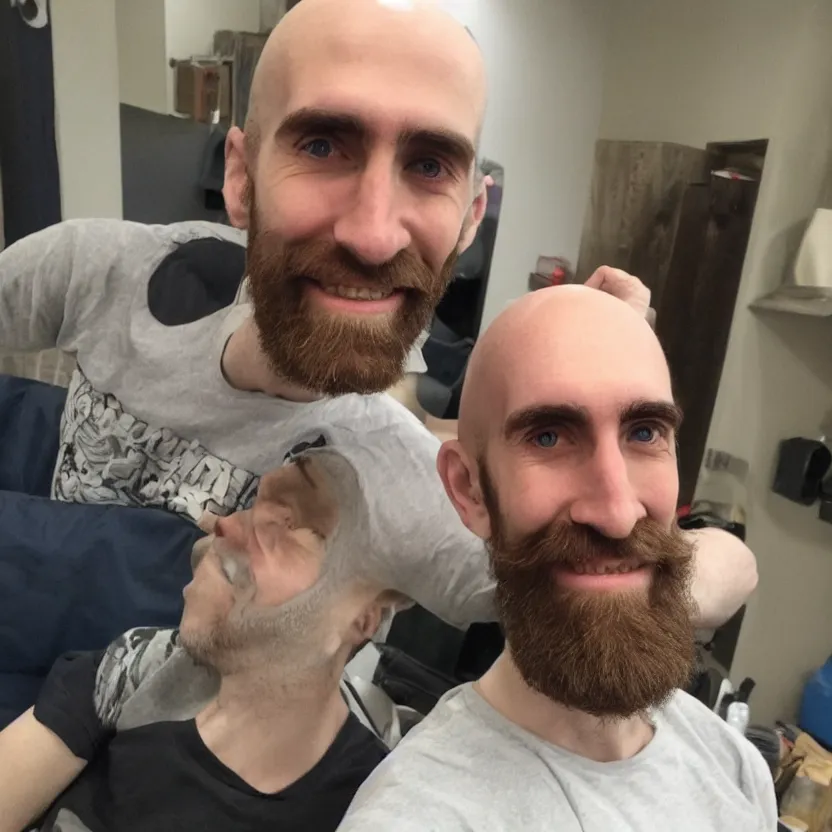 Prompt: Asmongold smiling with a bald head and beard