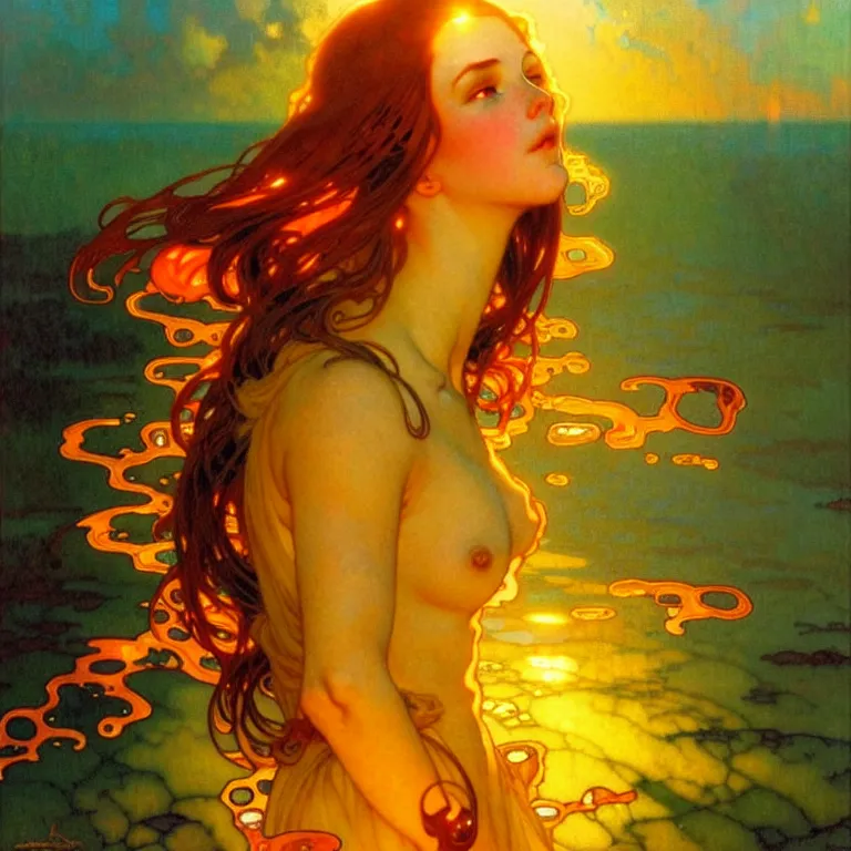 Image similar to sea of glossy liquid honey drops flowing like translucent amber, backlit, sunset, refracted lighting, art by collier, albert aublet, krenz cushart, artem demura, alphonse mucha