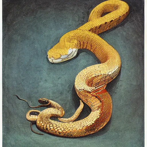 Image similar to A beautiful mixed media art of a snake eating its own tail that seems to go on forever. orpist by Albert Bierstadt, by Cornelia Parker lively