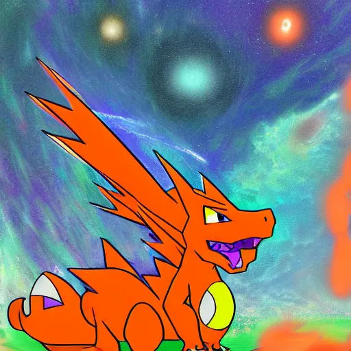 Image similar to charizard observes the the space - time continuum on a heroic dose of psilocybin, digital art