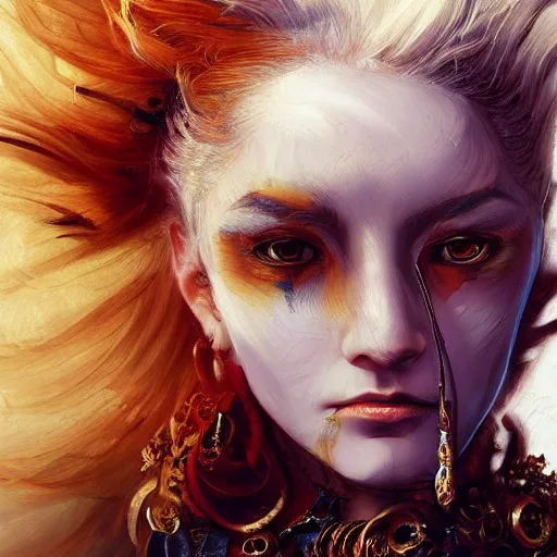 Image similar to portrait, headshot, insanely nice hair style, dramatic hair color, digital painting, of a old 17th century, old cyborg merchant, amber jewels, baroque, ornate clothing, scifi, realistic, hyperdetailed, chiaroscuro, concept art, art by Franz Hals and Jon Foster and Ayami Kojima and Amano and Karol Bak,