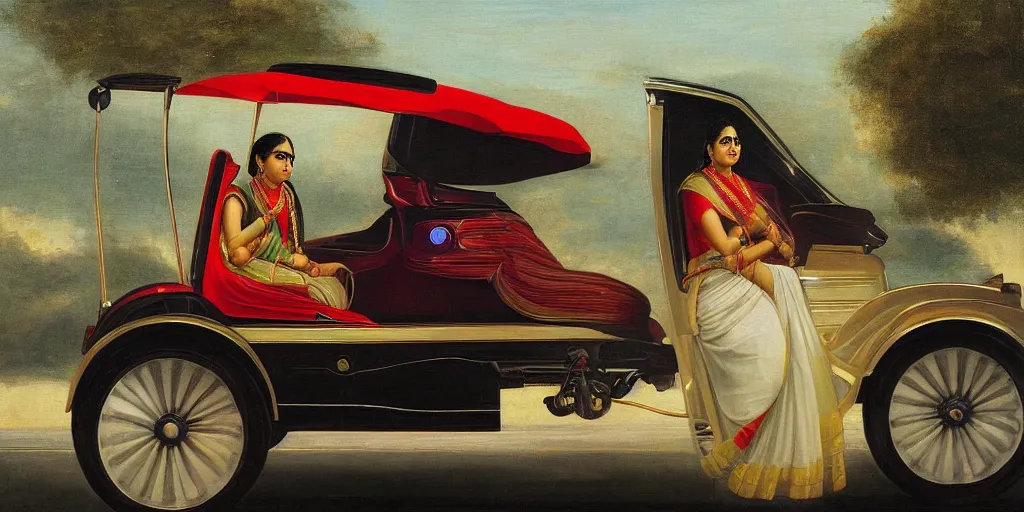 Prompt: woman driving a tesla in the style of raja ravi varma, high detail, realism, national gallery of delhi