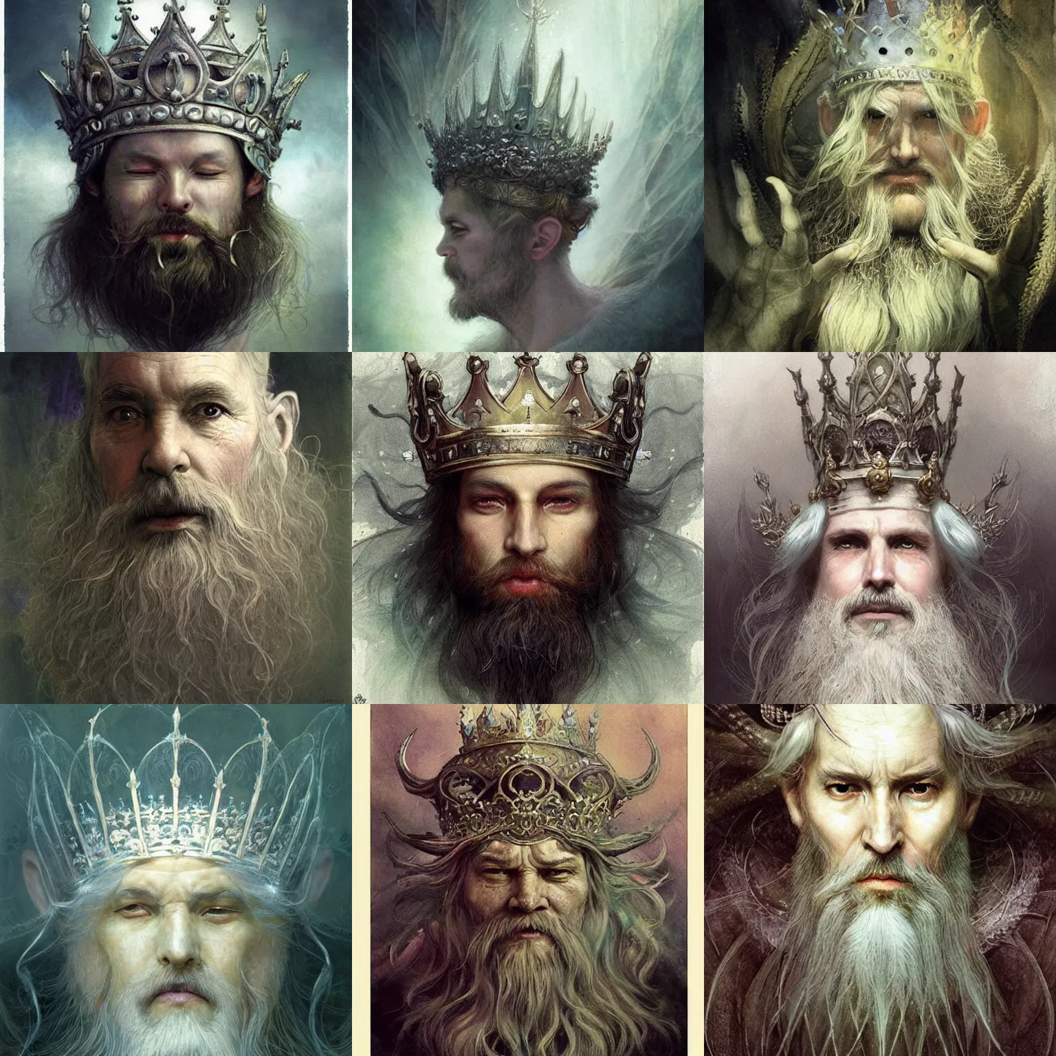 Prompt: ancienct, wise, [ forgetful ], quirky king of faes ( with long, white beard, and strange crown ), fantasy, whimsical, broad light, light caustics effect, botanical artwork, illustration by alan lee, ruan jia and michael komarck, trending on pinterest. com