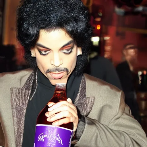 Prompt: photo of Prince drinking a 40 outside the 5 and dime