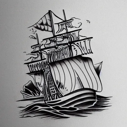 Image similar to a pirate ship sailing in the sea, realism tattoo design with amazing shades by david vega, clean white paper background