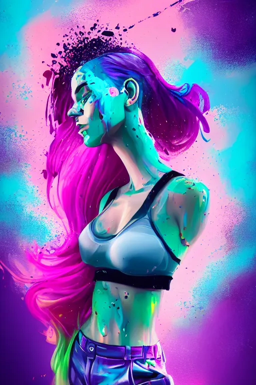 Image similar to a award winning half body portrait of a beautiful woman in a croptop and cargo pants with ombre purple pink teal hairstyle with head in motion and hair flying, paint splashes, splatter, outrun, vaporware, shaded flat illustration, digital art, trending on artstation, highly detailed, fine detail, intricate