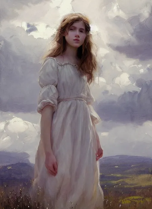 Prompt: portrait of girl dressed in white clothes , countryside, country style, country house, fantasy character portrait, dynamic pose, above view, view from above, sunny day, thunder clouds in the sky, artwork by Jeremy Lipkin and Giuseppe Dangelico Pino and Michael Garmash and rob rey, very coherent symmetrical artwork, perfect face, simple form, 100mm