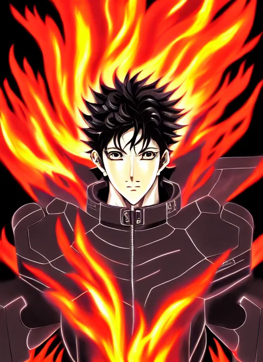 Image similar to a detailed manga full body portrait illustration of a dark haired cyborg anime man surrounded by fire by hirohiko araki, detailed artwork, realism, 4 k resolution, detailed, high quality, sharp focus, hq artwork, insane detail, volumetric lighting, character concept art, fine details, clear subject, central subject