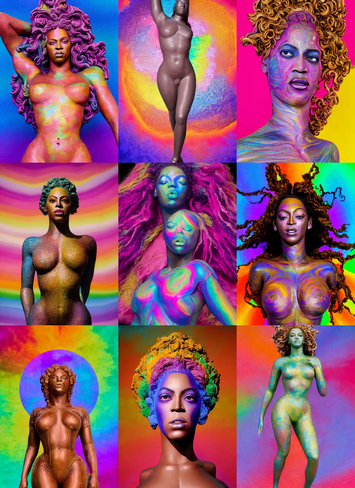 Prompt: full body statue of Beyoncé by Jean-Baptiste Carpeaux and Luo Li Rong and Michael James Talbot, all body, flying in space. perfect symmetrical face, colorful, psychedelic psychedelic psychedelic colors, fresh rainbow bodypainting, synthwave, in full growth, elegant, realistic, 8K, female full-skin figure, hyperrealism, subsurface scattering, raytracing, rim light, Octane Render, Redshift, Zbrush, Zdzisław Beksiński, complex psychedelic glitch background