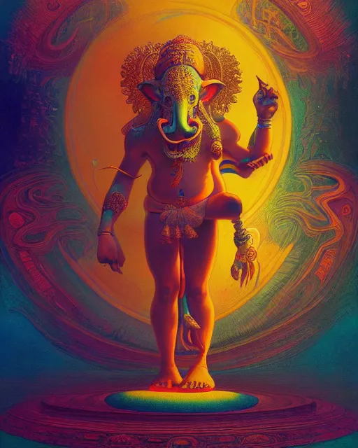 Prompt: psychedelic ganesh of the cosmos, coherent design, symmetrical, concept art, vivid color, complementary color, golden ratio, detailed, sharp lines, intricate, rainbowshift, by maxfield parrish, by peter mohrbacher, by gustave dore, by alphonse mucha, deviantart, octane render