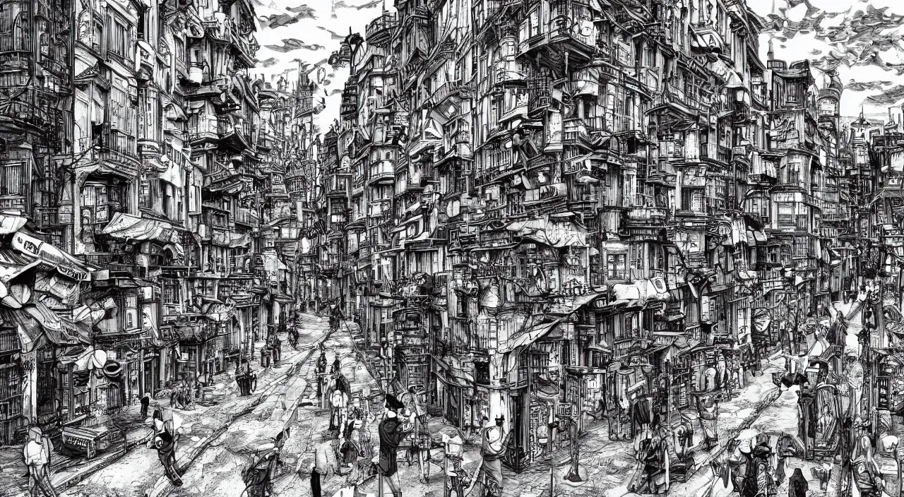 Image similar to steampunk city street with no people by junji ito, trending on artstation