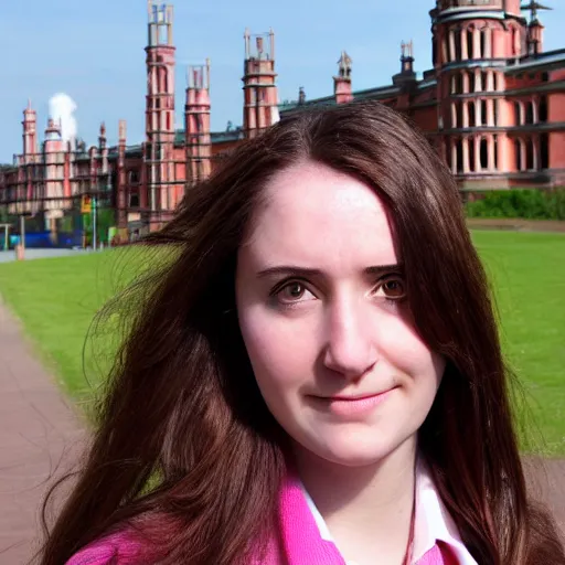 Prompt: A young woman with long brown hair and a pink top, headshot, with the top of Royal Holloway Building in the background, realistic photo