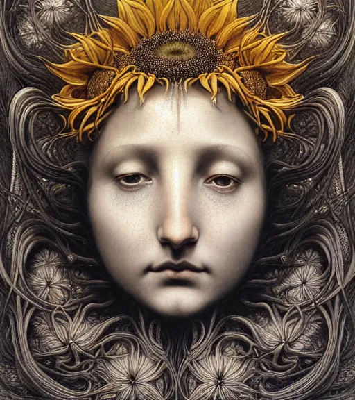 Image similar to detailed realistic beautiful sunflower goddess face portrait by jean delville, gustave dore, iris van herpen and marco mazzoni, art forms of nature by ernst haeckel, art nouveau, symbolist, visionary, gothic, neo - gothic, pre - raphaelite, fractal lace, intricate alien botanicals, ai biodiversity, surreality, hyperdetailed ultrasharp octane render