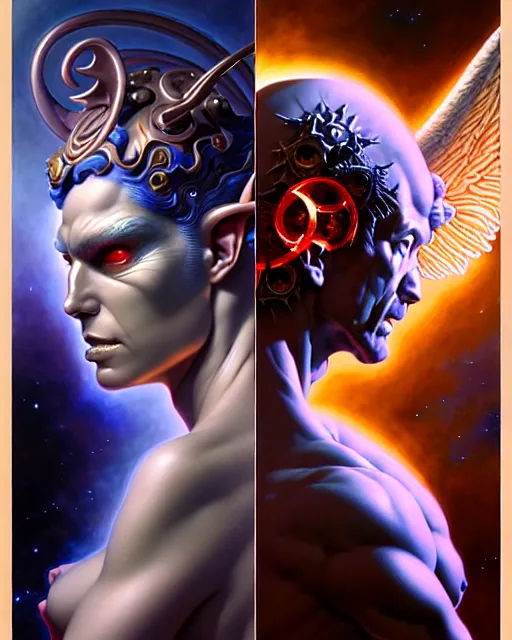 Image similar to a portrait of gemini angel and devil fantasy character portrait facing each other, ultra realistic, wide angle, intricate details, the fifth element artifacts, highly detailed by peter mohrbacher, hajime sorayama, wayne barlowe, boris vallejo, aaron horkey, gaston bussiere, craig mullins