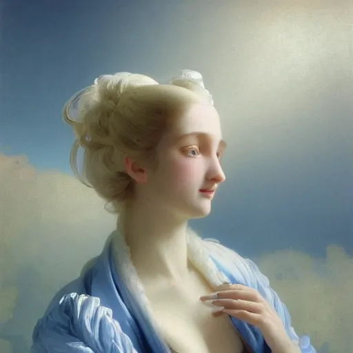 Prompt: young woman's face, her hair is white and she wears a cobalt blue duchesse satin cloak, by ivan aivazovsky and syd mead and moebius and roger dean and aelbert cuyp and willem claesz and pieter claesz and paul delaroche and alma tadema, hyperrealistic, volumetric light, octane