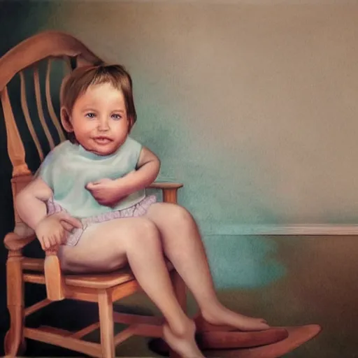 Prompt: hyper-realistic realistic realistic portrait where a very old grandmother appears sitting in a rocking chair. a 3-year-old baby girl appears sitting on the grandmother's leg