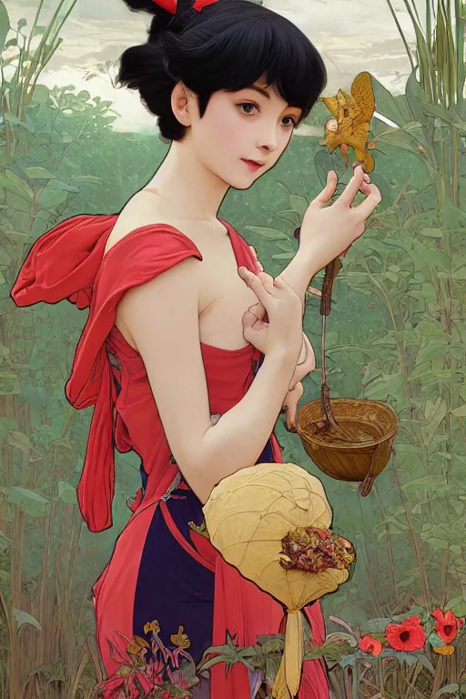 Image similar to kiki in kiki\'s delivery service in ancient java, highly detailed, digital painting, artstation, concept art, smooth, sharp focus, illustration, ArtStation, art by artgerm and greg rutkowski and alphonse mucha and J. C. Leyendecker and Edmund Blair Leighton and Katsuhiro Otomo and Geof Darrow and Phil hale and Ashley wood and Ilya repin and Charlie Bowater