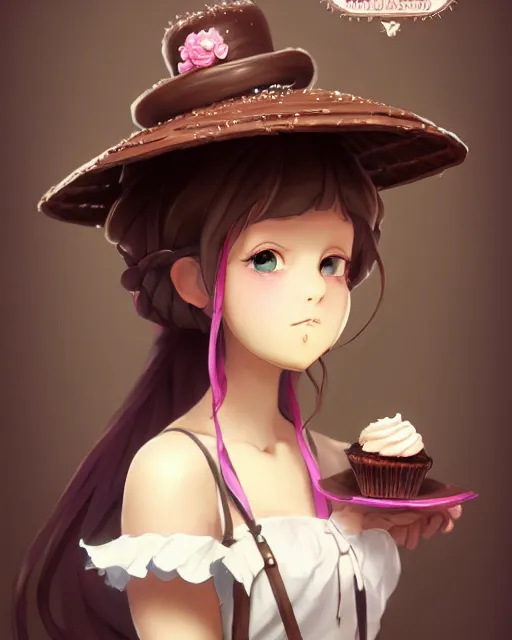 Image similar to a girl as ( fantasy personification of chocolate cupcake ), character design, cute hats, victorian inspired clothing, unreal engine, highly detailed, smooth, digital illustration by artgerm, studio ghibli, sharp focus, artstation. ribbons, fractal swirls. bakery background by studio ghibli, makoto shinkai, global illumination, blender, maya 8 k