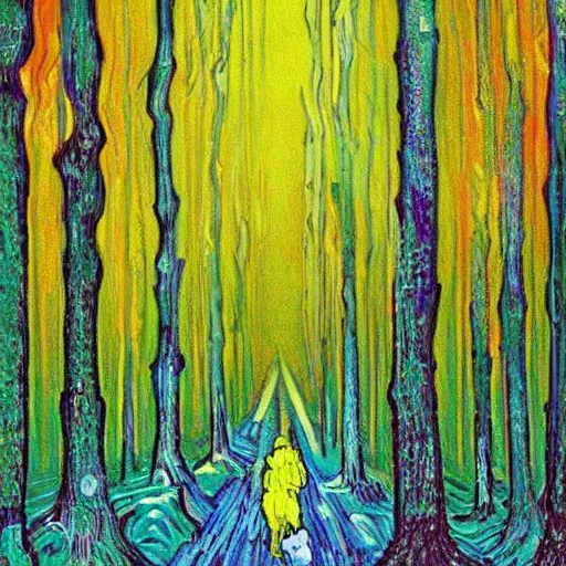 Image similar to walking through forest, psychadelic, van gogh, trending on artstation