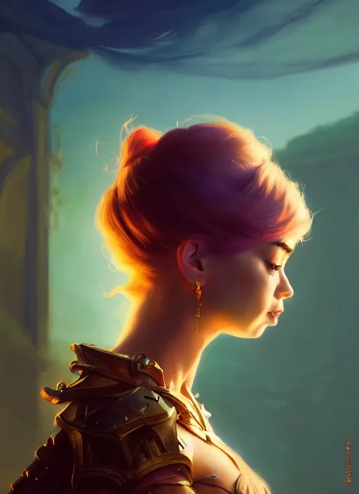 Image similar to side portrait, imogen poots, paladin, fantasy, gloomhaven, luminescent, organic painting, gaudy colors, octane render, by greg manchess, huang guangjian, gil elvgren, sachin teng, greg rutkowski, jesper ejsing, ilya kuvshinov