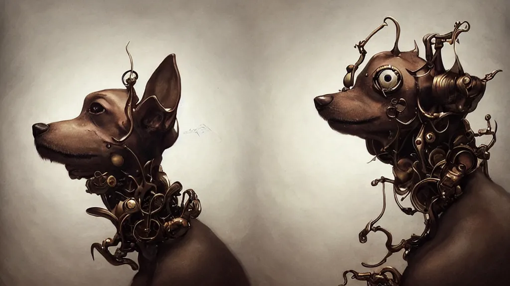 Image similar to a clockwork dog contemplating its existence, in the style of peter mohrbacher by weta digital and beth cavener, masterpiece, award winning, high face symmetry, intricatein the style of peter mohrbacher by weta digital and beth cavener, masterpiece, award winning, high face symmetry, intricate