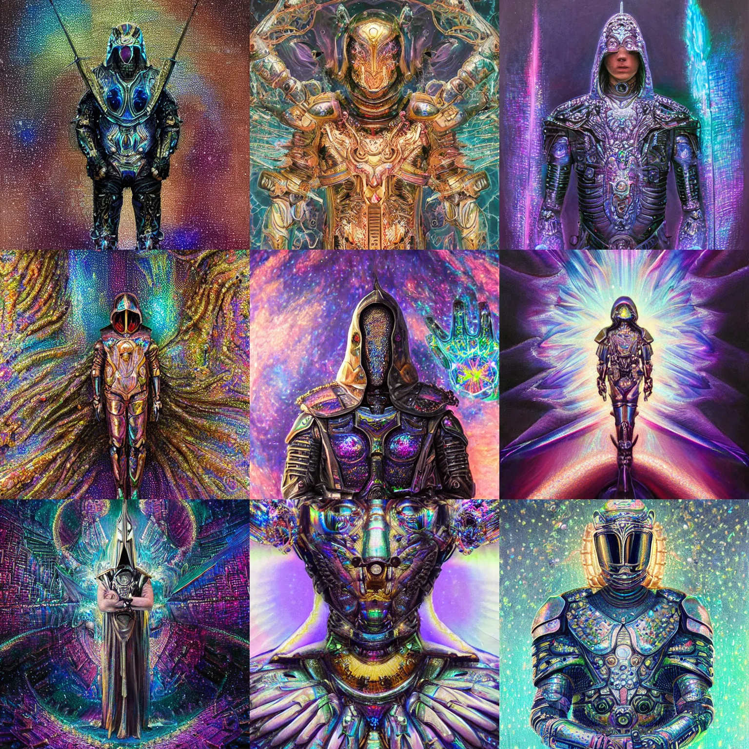 Prompt: Realist highly intricate dark iridescent subtle pastel detailed painting of a powerful hooded divine royal omnipotent being wearing body armor and brandishing a precious futuristic cosmic sword of vivid iridescent flame, human face, biomechanical complex torso covered in iridescent 3D processor microchips, 3D render, 4K, symmetry, rich style, iridescent smoke behind, crystallic megastructure background, artstation, iridescent, badass, galactic deity, dark ominous stealth, depth of field, award winning on artstation, artgerm