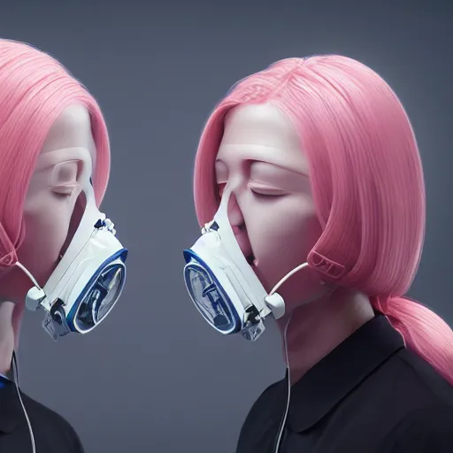 Image similar to intense futuristic bespoke vr headset respirator with long cables like dreadlocks on a set of twin humble hypebeasts, by ilya kuvshinov and james jean and sorayama and ikeuchi and hyein seo and hiroya oku and gilleard james, artstation trending, 8 k, 3 d render, photorealistic, volumetric lighting caustics, pink