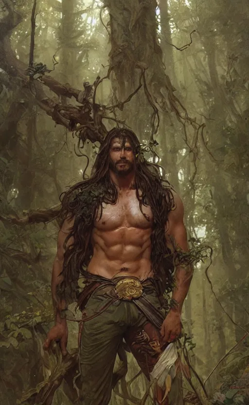 Prompt: god of the forest, 3 0 years old, rugged, male, gorgeous, detailed face, amazing, thighs, full body shot, long hair, muscular, intricate, highly detailed, digital painting, artstation, concept art, sharp focus, illustration, art by greg rutkowski and alphonse mucha