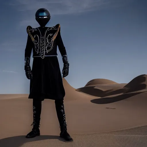 Image similar to medium face shot of adult Austin Butler dressed in futuristic-tudoresque black-prussian blue garb with embroidered-Ram-emblem, and nanocarbon-vest, in an arena in Dune 2021, XF IQ4, f/1.4, ISO 200, 1/160s, 8K, face in-frame