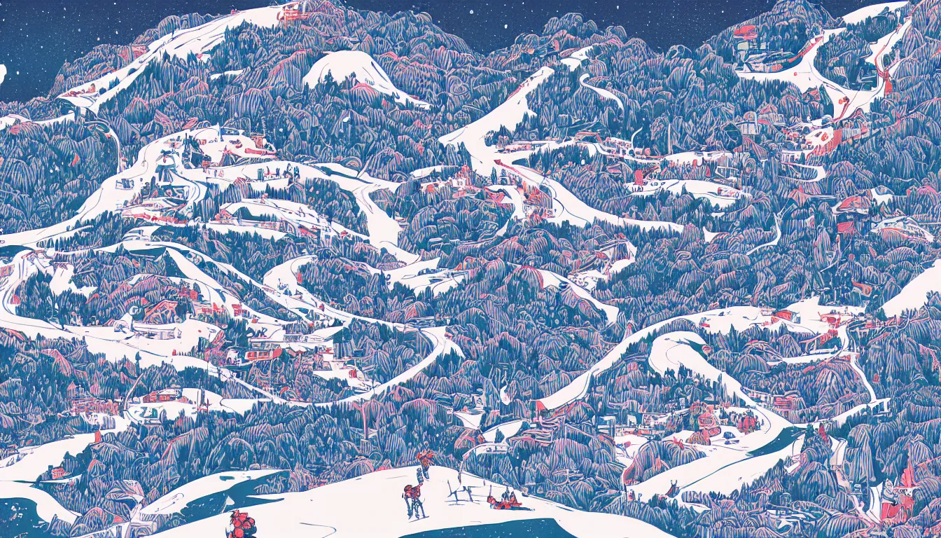 Prompt: ski slopes, chinese ink brush, yukio - e, kilian eng, victo ngai, josan gonzalez