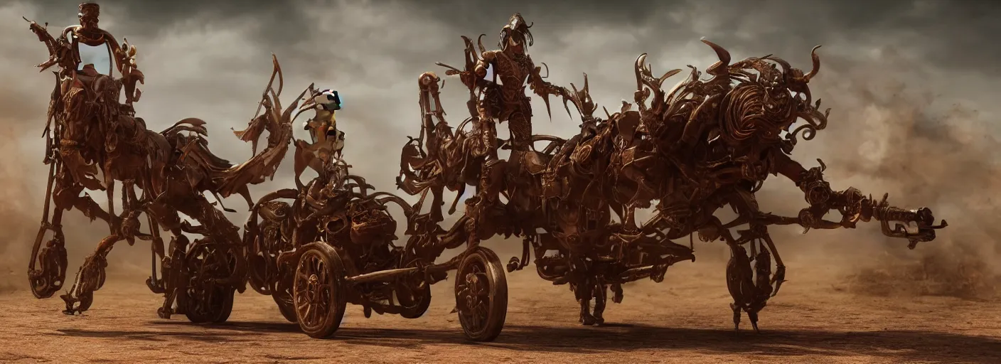 Prompt: movie frame with female warrior standing on steam punk buggy with wood wheels, clean symmetrical face, chase scene, hyperrealism, armor inspired by incas and doom and fashion, epic, award winning, establishing shot, fit body, blooded, extremely high detail, photorealistic, brutal, octane render, editorial, documentary photography