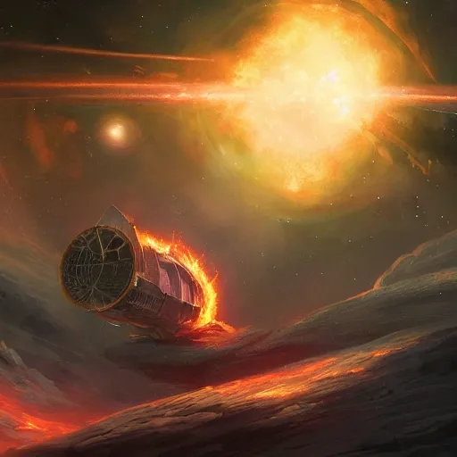 Image similar to epic portrait an space ship burning on fire in space near an gas giant planet, stars, dark, glowing, digital painting, artstation, concept art, soft light, hdri, smooth, sharp focus, illustration, fantasy, intricate, elegant, highly detailed, D&D, matte painting, in the style of Greg Rutkowski and Alphonse Mucha and artemisia, 8k, highly detailed, jurgens, rutkowski, bouguereau, pastoral, rustic, georgic